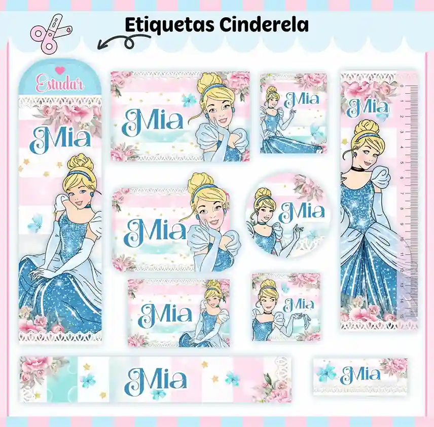 Kit de etiqueta escolar para imprimir no tema Cinderela em arquivo formato PDF para cadernos e livros escolares.
