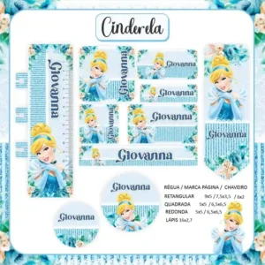 Kit de etiquetas escolares no tema Cinderela nos formatos Studio, PNG e PDF em alta resolução para cadernos.