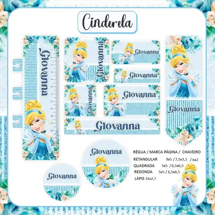 Kit de etiquetas escolares no tema Cinderela nos formatos Studio, PNG e PDF em alta resolução para cadernos.