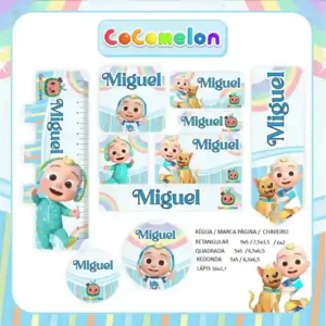 Kit de etiqueta escolar em PNG para imprimir no tema Cocomelon em alta resolução para cadernos, livros e papéis.
