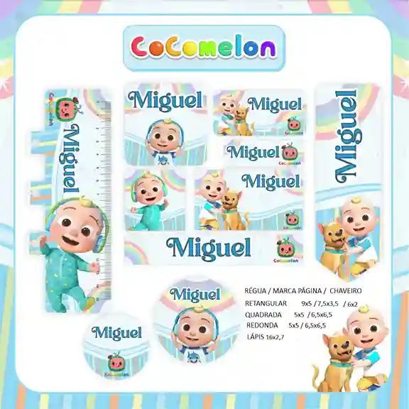 Kit de etiqueta escolar em PNG para imprimir no tema Cocomelon em alta resolução para cadernos, livros e papéis.