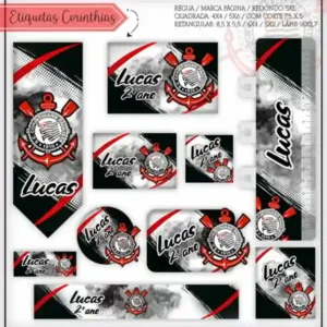 Kit de etiquetas escolares no tema Corinthians nos formatos Studio, PNG e PDF em alta resolução para cadernos.