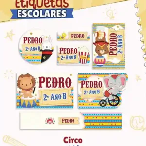 Etiqueta escolar digital Circo para imprimir em adesivo para caderno e lápis para editar e organizar