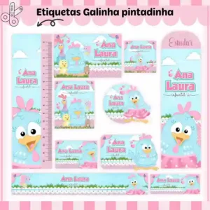 Etiqueta escolar digital Galinha Pintadinha em adesivo para caderno e lápis para imprimir e editar