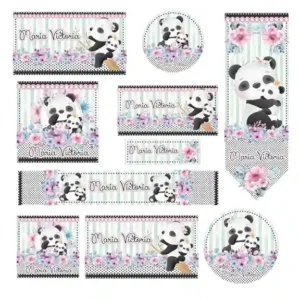 Etiqueta escolar digital personalizada panda em adesivo para caderno e lápis para imprimir e editar