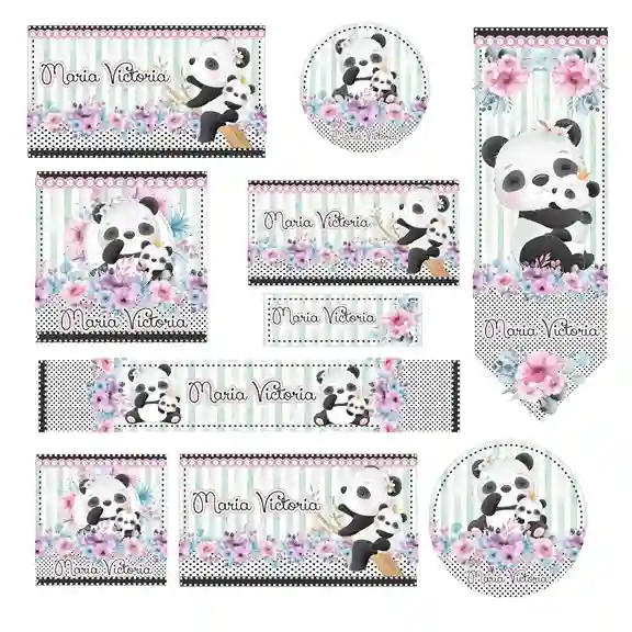 Etiqueta escolar digital personalizada panda em adesivo para caderno e lápis para imprimir e editar