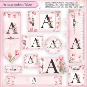 Kit de etiquetas escolares no tema Flor Tulipa nos formatos Studio, PNG e PDF em alta resolução para cadernos.