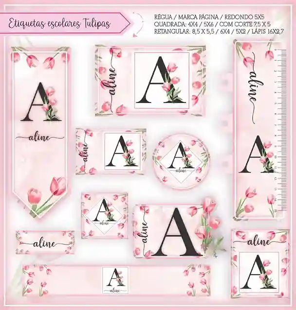 Kit de etiquetas escolares no tema Flor Tulipa nos formatos Studio, PNG e PDF em alta resolução para cadernos.