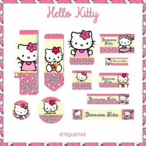 Kit de etiquetas escolares para imprimir no tema Hello Kitty em formato PDF em alta resolução para cadernos.