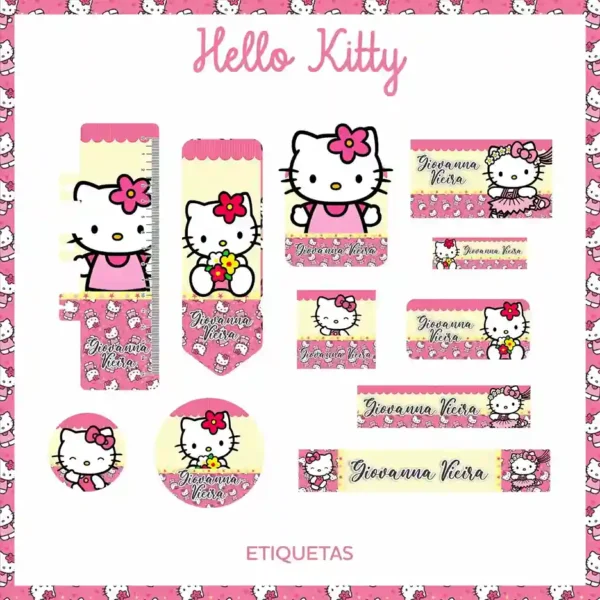Kit de etiquetas escolares para imprimir no tema Hello Kitty em formato PDF em alta resolução para cadernos.