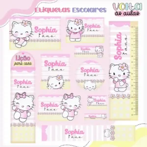 Kit de etiquetas escolares no tema Hello Kitty nos formatos Studio, PNG e PDF em alta resolução para cadernos.