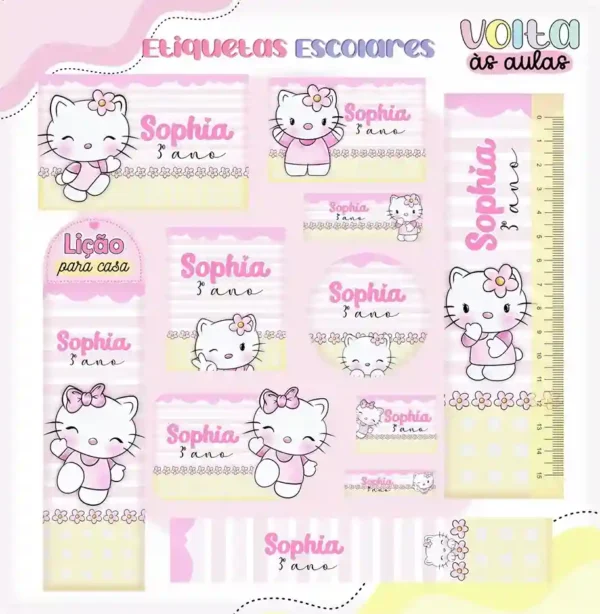 Kit de etiquetas escolares no tema Hello Kitty nos formatos Studio, PNG e PDF em alta resolução para cadernos.