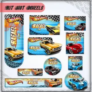 Kit de etiquetas escolares no tema Hot Wheels nos formatos Studio, PNG e PDF em alta resolução para cadernos.