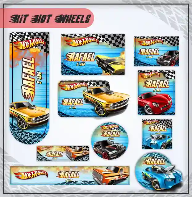 Kit de etiquetas escolares no tema Hot Wheels nos formatos Studio, PNG e PDF em alta resolução para cadernos.