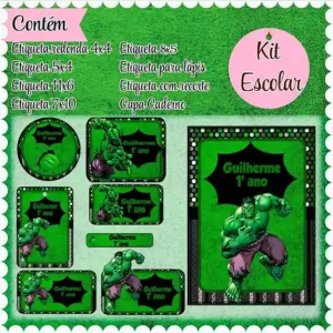 Etiqueta escolar Hulk para editar e imprimir em adesivo para caderno e lápis para organizar