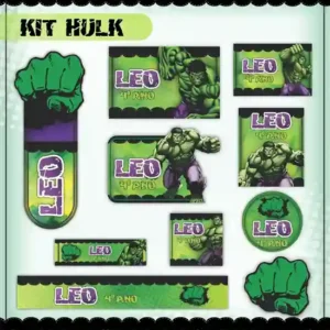 Kit de etiquetas escolares no tema Hulk nos formatos Studio, PNG, CDR e PDF em alta resolução para cadernos.