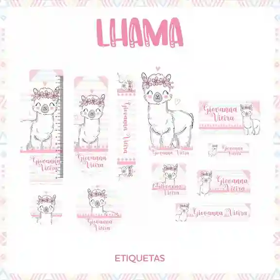 Kit de etiqueta escolar para imprimir no tema Lhama nos formatos PDF e PNG em alta resolução para cadernos e livros.
