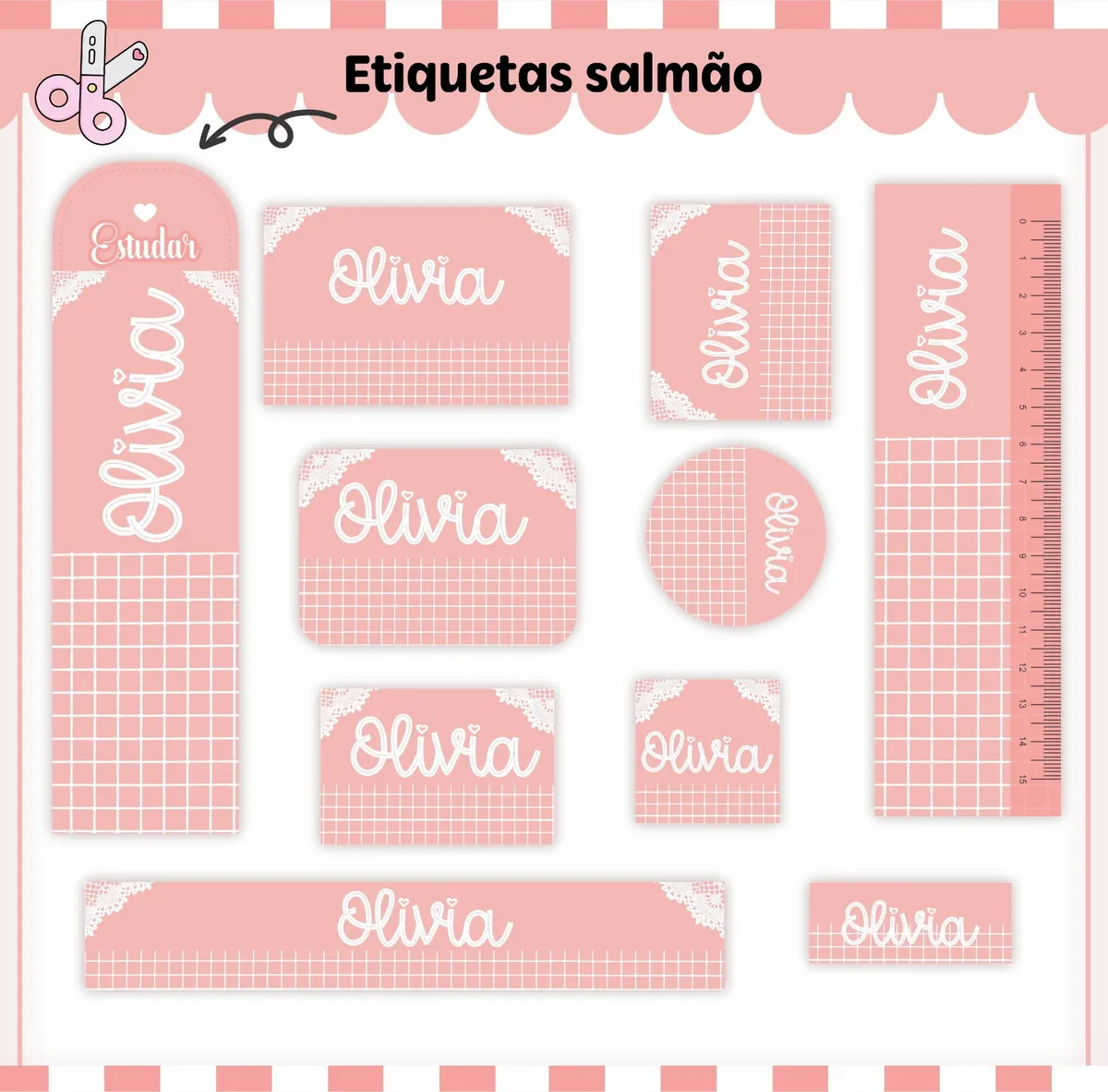 Etiqueta Escolar Neutro Salmão Studio, Png e Pdf