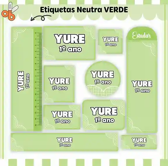 Etiqueta escolar neutro verde para imprimir em adesivo para caderno e lápis para editar e organizar