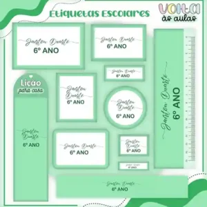 Kit de etiqueta escolar no tema Neutro Verde nos formatos Studio, PNG e PDF em alta resolução para cadernos e livros.