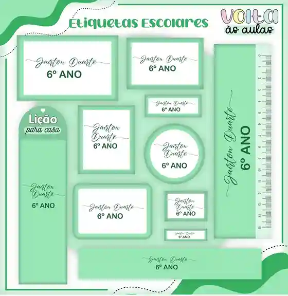Kit de etiqueta escolar no tema Neutro Verde nos formatos Studio, PNG e PDF em alta resolução para cadernos e livros.