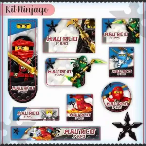 Kit de etiqueta escolar no tema Ninjago nos formatos Studio, PNG, CDR e PDF em alta resolução para cadernos e livros.