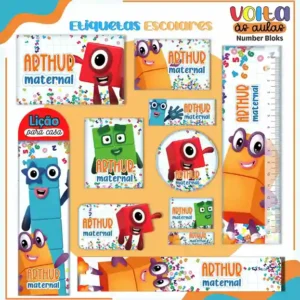 Kit de etiquetas escolares no tema Numberblocks nos formatos Studio, PNG e PDF em alta resolução para cadernos.