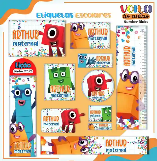 Kit de etiquetas escolares no tema Numberblocks nos formatos Studio, PNG e PDF em alta resolução para cadernos.