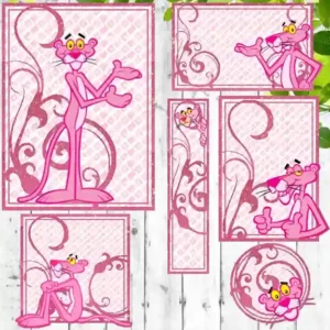 Kit de etiqueta escolar no tema Pantera Cor de Rosa no formato Studio Silhouette em alta resolução para cadernos e livros.
