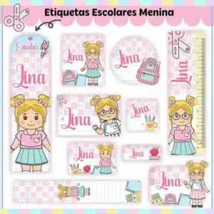 Etiqueta escolar personalizada aluninhas loiras em adesivo para caderno e lápis para imprimir e editar