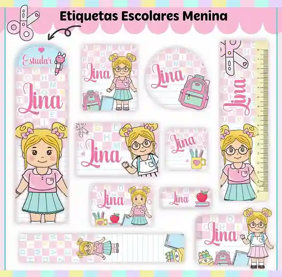 Etiqueta escolar personalizada aluninhas loiras em adesivo para caderno e lápis para imprimir e editar