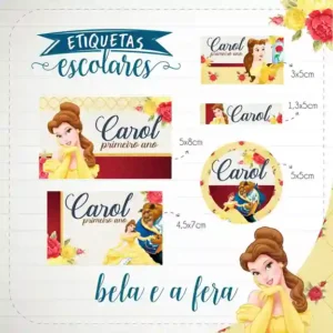 Etiqueta escolar personalizada Bela e a Fera em adesivo para caderno e lápis para imprimir e editar