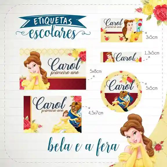 Etiqueta escolar personalizada Bela e a Fera em adesivo para caderno e lápis para imprimir e editar