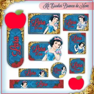 Kit de etiqueta escolar personalizada no tema Branca de Neve em alta resolução para cadernos, livros e materiais.
