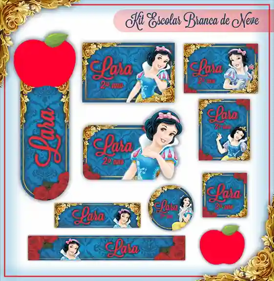 Kit de etiqueta escolar personalizada no tema Branca de Neve em alta resolução para cadernos, livros e materiais.