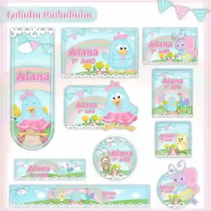 Etiqueta escolar personalizada Galinha Candy em adesivo para caderno e lápis para imprimir e editar