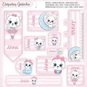 Etiqueta escolar personalizada Gatinha Bailarina em adesivo para caderno e lápis para imprimir e editar