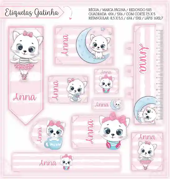 Etiqueta escolar personalizada Gatinha Bailarina em adesivo para caderno e lápis para imprimir e editar