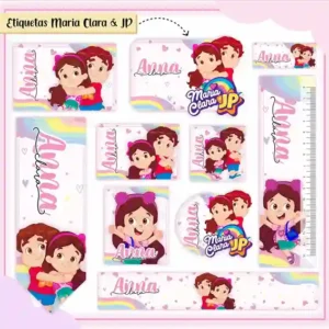Kit de etiqueta escolar personalizada no tema Maria Clara e JP no formato Studio em alta resolução para cadernos.