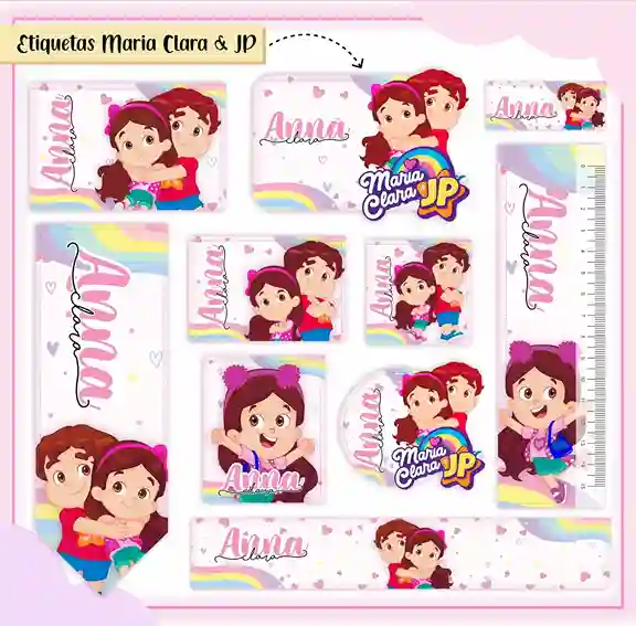 Kit de etiqueta escolar personalizada no tema Maria Clara e JP no formato Studio em alta resolução para cadernos.