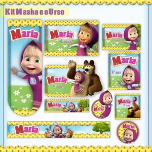 Kit de etiqueta escolar personalizada no tema Masha e o Urso em alta resolução para cadernos, livros e materiais.