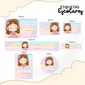 Kit de etiqueta escolar personalizada no tema Menina Morena em alta resolução para cadernos, livros e papéis.