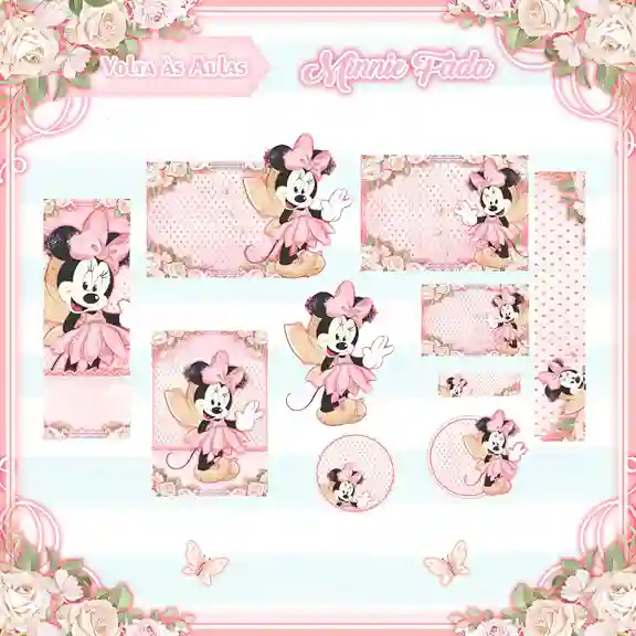 Etiqueta escolar personalizada Minnie Fada em adesivo para caderno e lápis para imprimir e editar