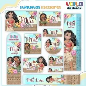 Kit de etiquetas escolares personalizadas no tema Moana Adulta em alta resolução para cadernos, livros e agendas.