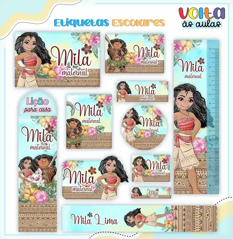 Kit de etiquetas escolares personalizadas no tema Moana Adulta em alta resolução para cadernos, livros e agendas.