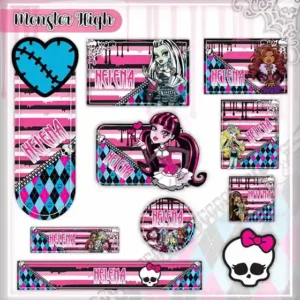 Kit de etiqueta escolar personalizada no tema Monster High em alta resolução para cadernos, livros e material escolar.