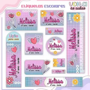 Kit de etiqueta escolar personalizada para menina em alta resolução para cadernos, livros e material escolar.