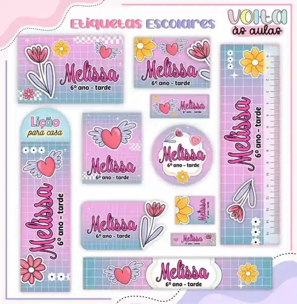 Kit de etiqueta escolar personalizada para menina em alta resolução para cadernos, livros e material escolar.