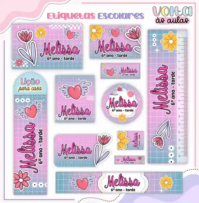 Kit de etiqueta escolar personalizada para menina em alta resolução para cadernos, livros e material escolar.