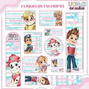 Etiqueta escolar personalizada Patrulha Canina em adesivo para caderno e lápis para imprimir e editar